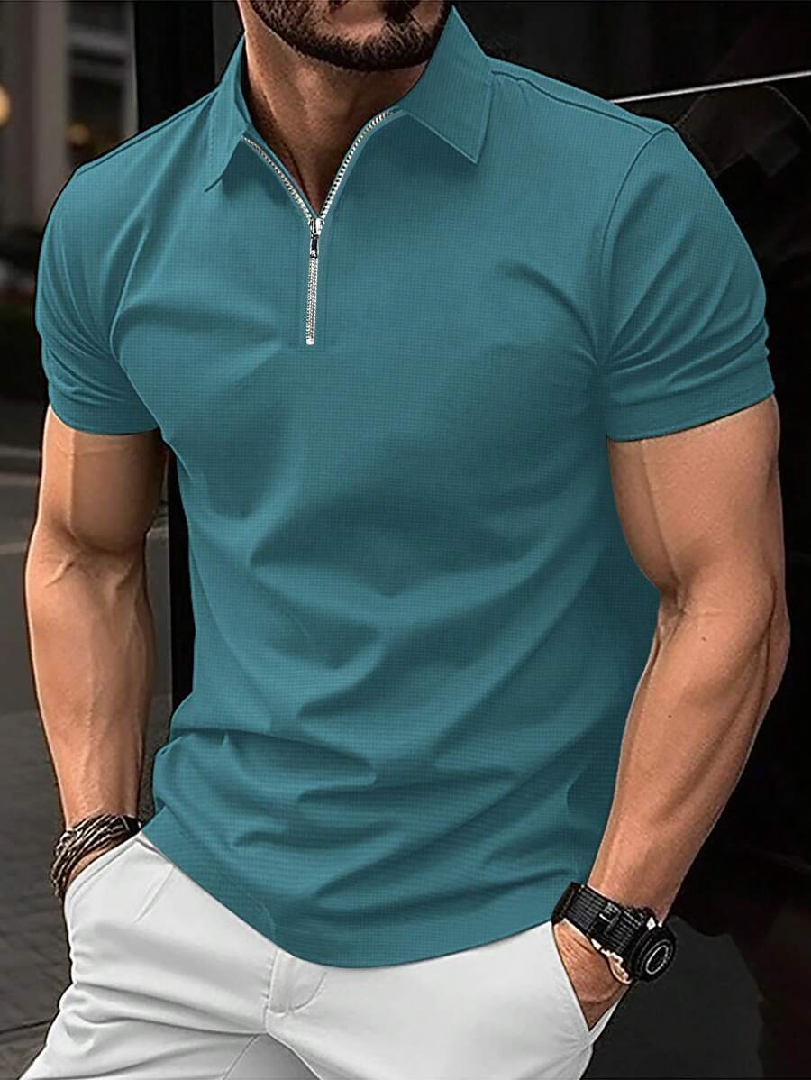 Manfinity Homme 男士四分之一拉鏈POLO衫 - 霧霾藍 - 查看 1