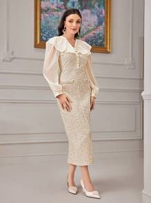 Modelyn 荷葉邊燈籠袖後背開衩粗花呢洋裝 - 杏色 - 查看 3