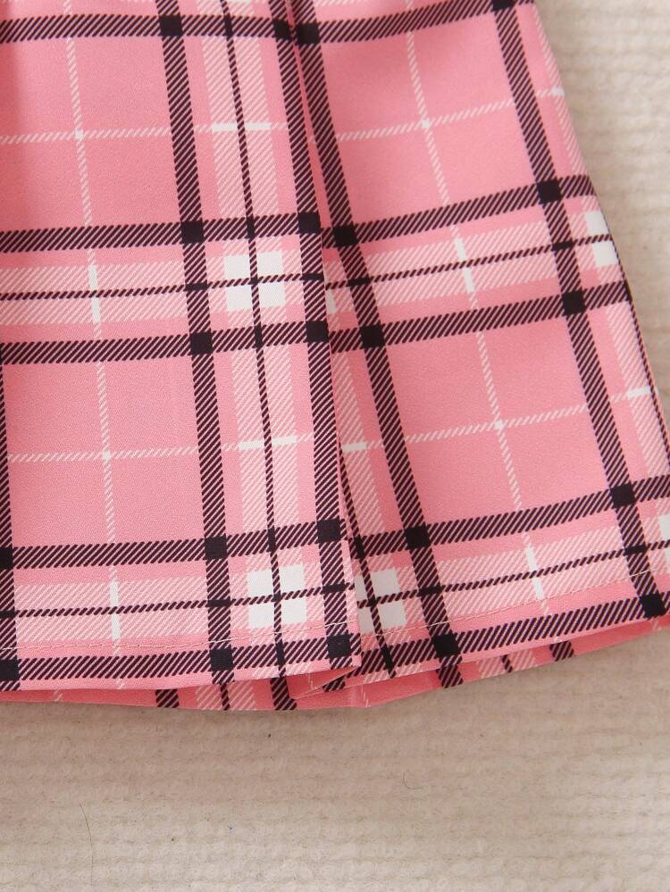 Baby Girl Solid Sweatshirt & Shirt & Plaid Print Pleated Skirt