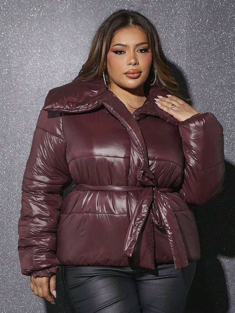 Plus Solid Belted Padded Coat