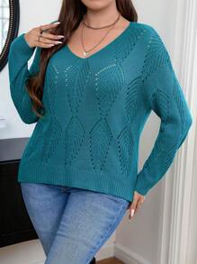 Celure Plus Pointelle Knit Drop Shoulder Sweater - Green - View 3