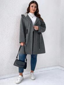 SHEIN LUNE Plus Drawstring Waist Dual Pocket Hooded Overcoat, For Winter - Dark Grey - View 3