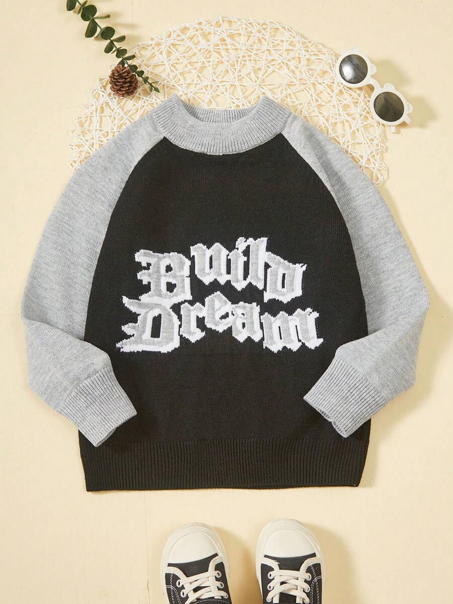 SHEIN Tween Boy Letter Pattern Raglan Sleeve Sweater - Grey - View 1