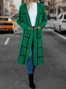 SHEIN LUNE 格紋圖案口袋貼布開襟開衫 - 綠色 - 查看 5