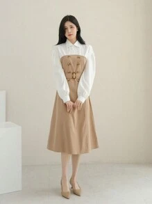 DAZY 雙色燈籠袖假兩件洋裝附腰帶 - 卡其色 - 查看 7