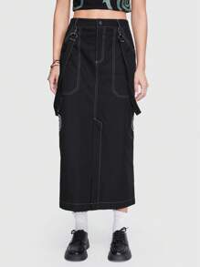 ROMWE Fairycore 頂針側翻蓋口袋工裝裙