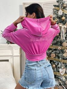 SHEIN Unity Của phụ nữ Dây rút áo có mũ Nhung Áo khoác - Hồng - Xem 4