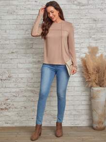 EMERY ROSE Chất rắn Đường may Chi tiết Áo thun - Bụi hồng - Xem 5