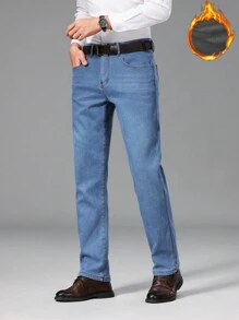 Manfinity Homme 男士斜口袋加絨內裏直筒牛仔褲不附腰帶 - 藍色 - 查看 3