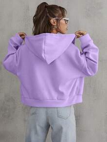 SHEIN EZwear 翻蓋細節落肩袖抽繩拉鍊開襟連帽夾克 - 紫色 - 查看 2