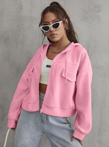 SHEIN EZwear 翻蓋細節落肩袖抽繩拉鍊連帽夾克 - 淺粉色 - 查看 5