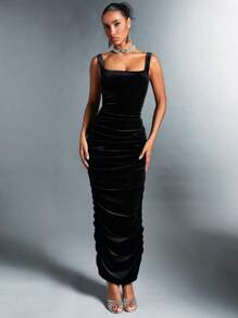 SHEIN BAE Women's Black Elegant Velvet Ruched Bodycon Dress, Suitable For Parties, Birthdays - Black - View 5