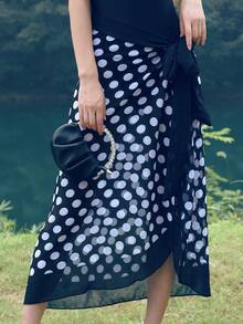 1入組波點圖案圍裹側繫帶網紗沙灘纏腰式半身裙 - 黑與白 - 查看 3