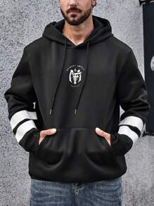 Manfinity Homme Men Plus Letter Graphic Kangaroo Pocket Drawstring Hooded Sweatshirt - Black - View 5