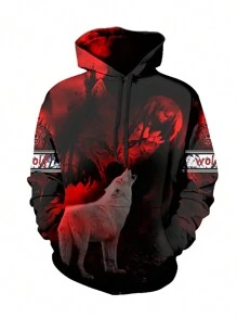 Men's Loose Fit Hooded Sweatshirt With Wolf & Letter Print - Multicolor - View 1