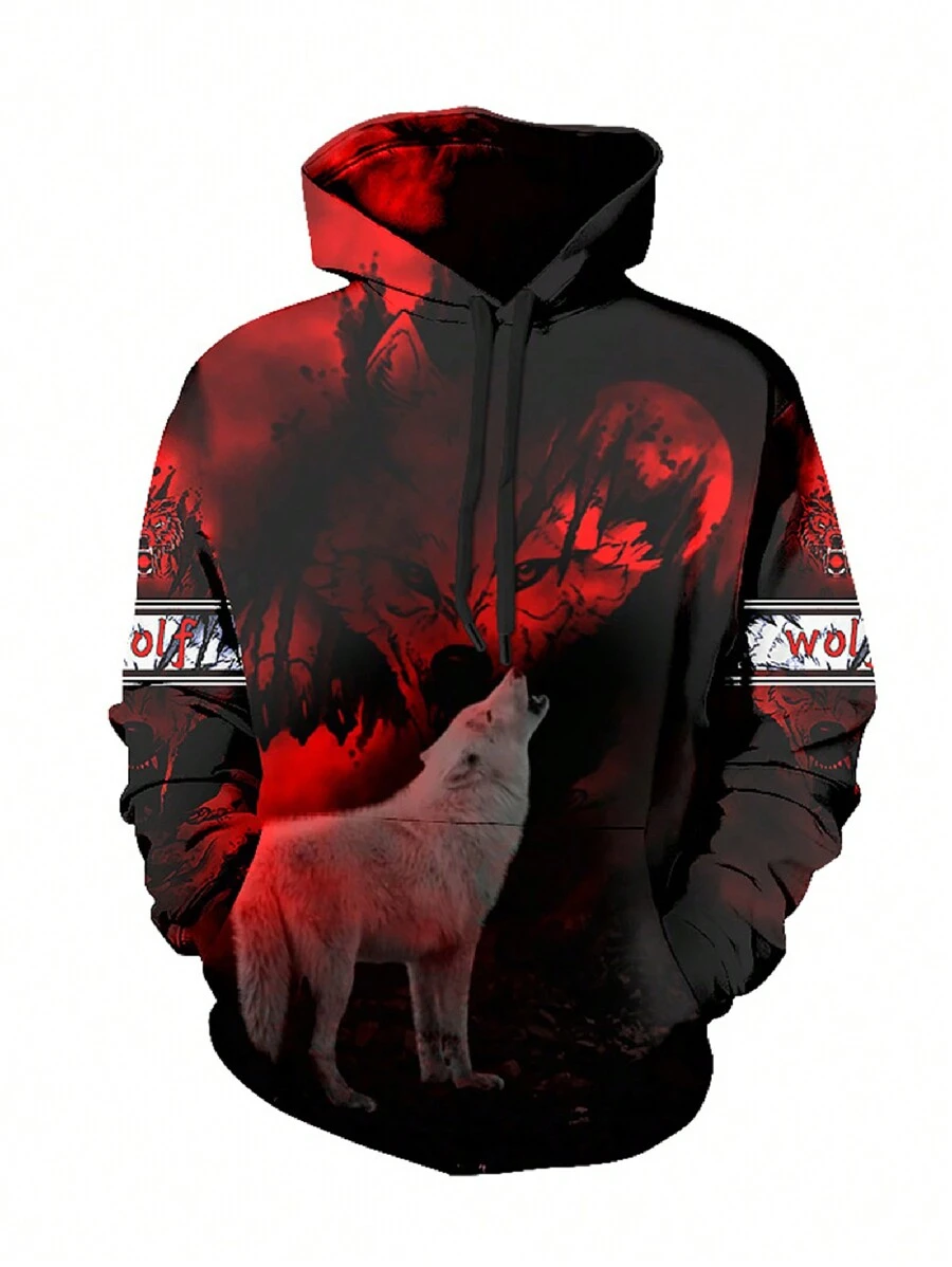Men's Loose Fit Hooded Sweatshirt With Wolf & Letter Print - Multicolor - View 1