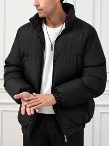 RueChic Men Raglan Sleeve Zipper Puffer Coat - Black - View 4