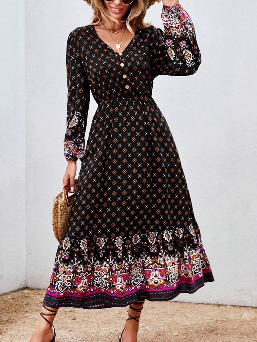 SHEIN VCAY Vestido con estampado de manga farol bajo con fruncido - Multicolor - Ver 1