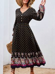 SHEIN VCAY Vestido con estampado de manga farol bajo con fruncido - Multicolor - Ver 5