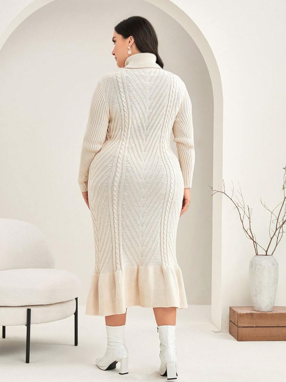 Plus Size High Neck Ruffle Detail Sweater Dress