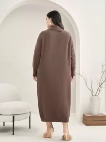 Mulvari Plus Asymmetrical Neck Button Detail Sweater Dress Without Belt Fall Cloth For Women - Coffee Brown - View 2