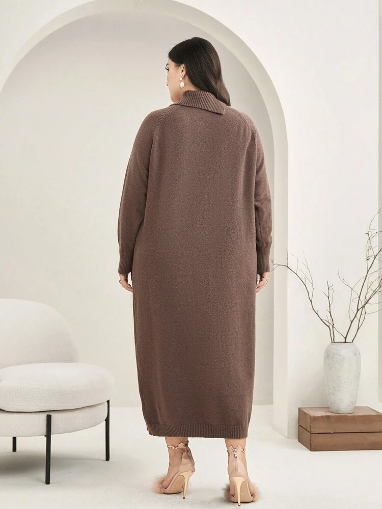 Plus Asymmetrical Neck Button Detail Sweater Dress Without Belt Fall Cloth For Women