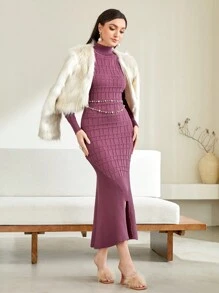 Modelyn Turtleneck Split Hem Sweater Dress Without Belt - Lilac Purple - View 3