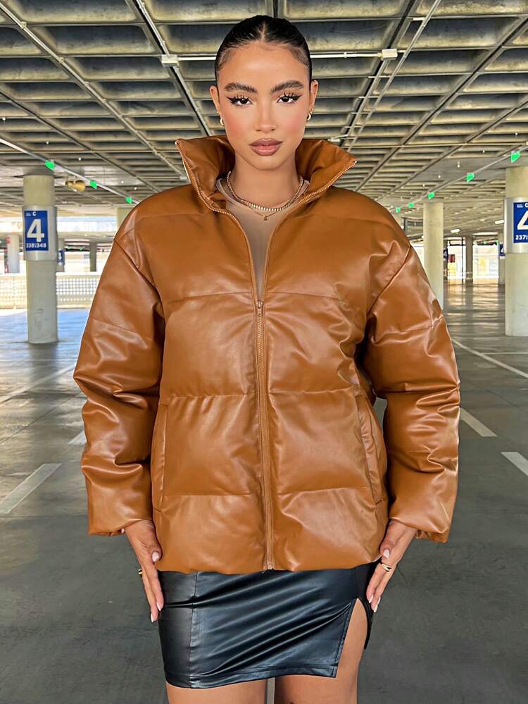 Brown Glossy Leather Women's Padded Coat For Parties, Winter Wear