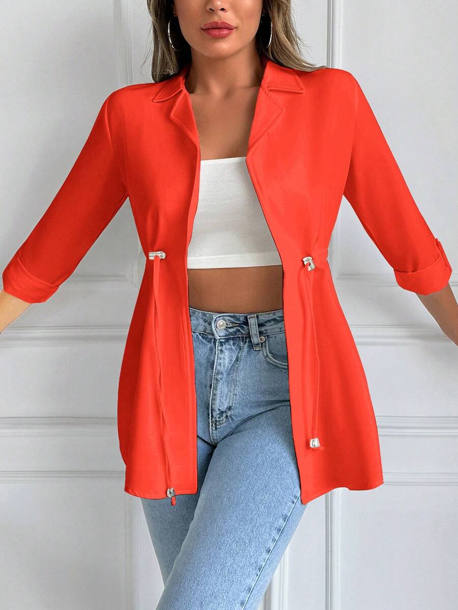 EURMUSE Solid Lapel Neck Drawstring Waist Coat - Red - View 1