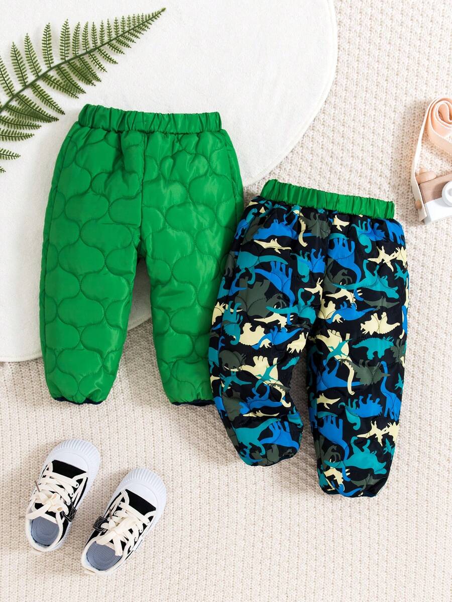 SHEIN Baby Jungen 1 Stück Hose mit Dinosaurier Muster & 1 Stück einfarbige Hose