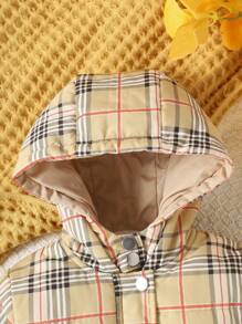 Baby Boy Plaid Print Contrast Binding Hooded Thermal Lined Padded Coat - Yellow - View 6
