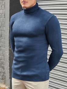 EURMUSE Hombres Jersey unicolor cuello alto - Azul - Ver 2