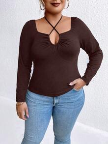 SHEIN Unity 大碼十字交叉後綁帶T恤 - 棕色 - 查看 6