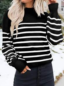Women Striped Round Neck Batwing Long Sleeve Loose Casual Sweater, Autumn/Winter - Black and White - View 1