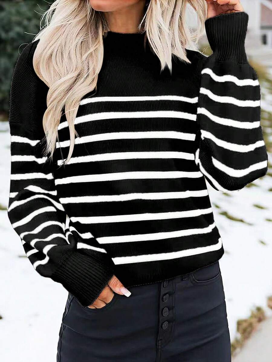 Women Striped Round Neck Batwing Long Sleeve Loose Casual Sweater, Autumn/Winter - Black and White - View 1