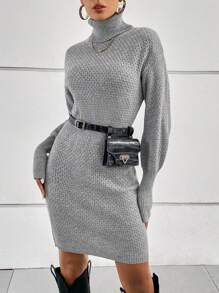 SHEIN Essnce Áo cao cổ Thả vai Đầm Áo len Không có túi thắt lưng - Xám - Xem 1