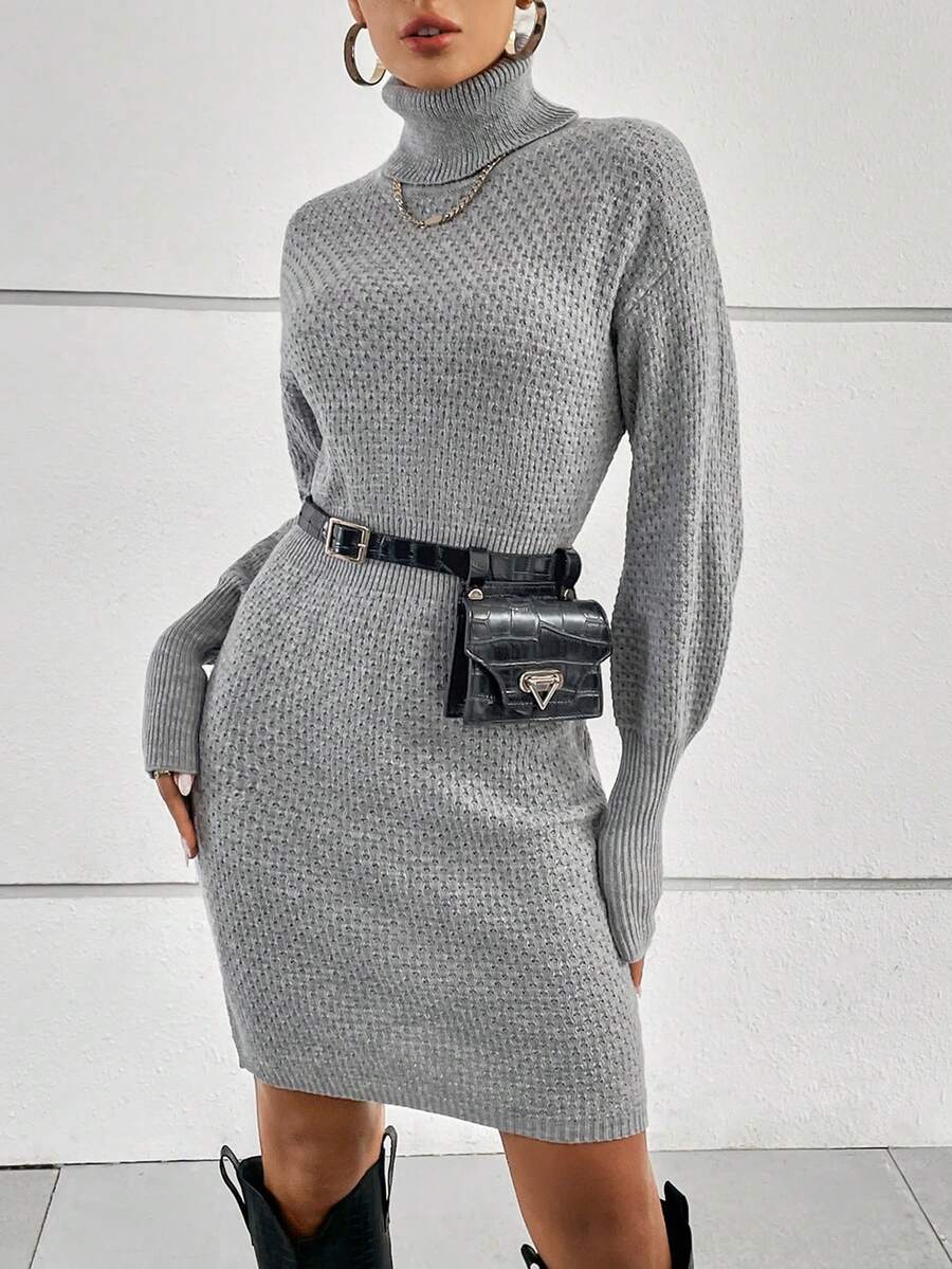 SHEIN Essnce Áo cao cổ Thả vai Đầm Áo len Không có túi thắt lưng - Xám - Xem 1