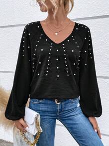 SHEIN Essnce Pearls Beaded Lantern Sleeve Blouse - Black - View 1