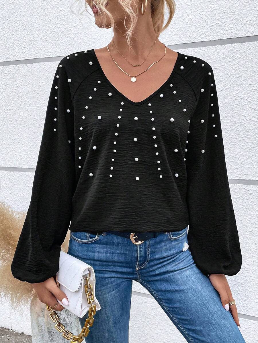 SHEIN Essnce Pearls Beaded Lantern Sleeve Blouse - Black - View 1
