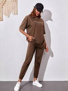 Cottnline Letter Graphic Drop Shoulder Tee & Sweatpants - Khaki - View 5