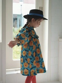 Young Girl Floral Print Frill Trim Flounce Sleeve Smock Dress - Blue - View 4
