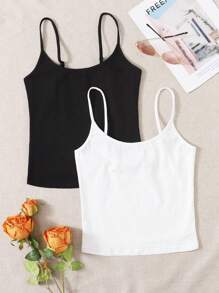 SHEIN EZwear Áo ba lỗ dây mảnh màu trơn dành cho nữ, mặc thường ngày - Đen và trắng - Xem 6