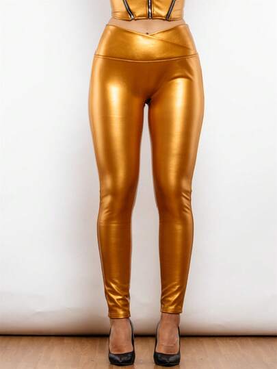 Solid Crossover V Shaped Royal Gold Pu Leather Skinny Leggings