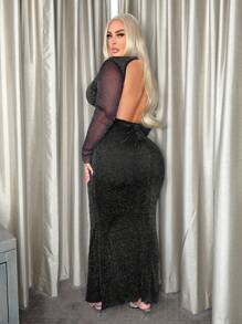 SHEIN X GiudiceGirls Plus Contrast Mesh Mermaid Hem Glitter Dress - Black - View 2