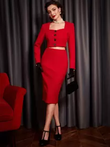 Vintamour 2pcs/Set Vintage Elegant Ladies Sweetheart Neck Long Sleeve Single-Breasted Blouse And Midi Skirt Set, Christmas - Red - View 7