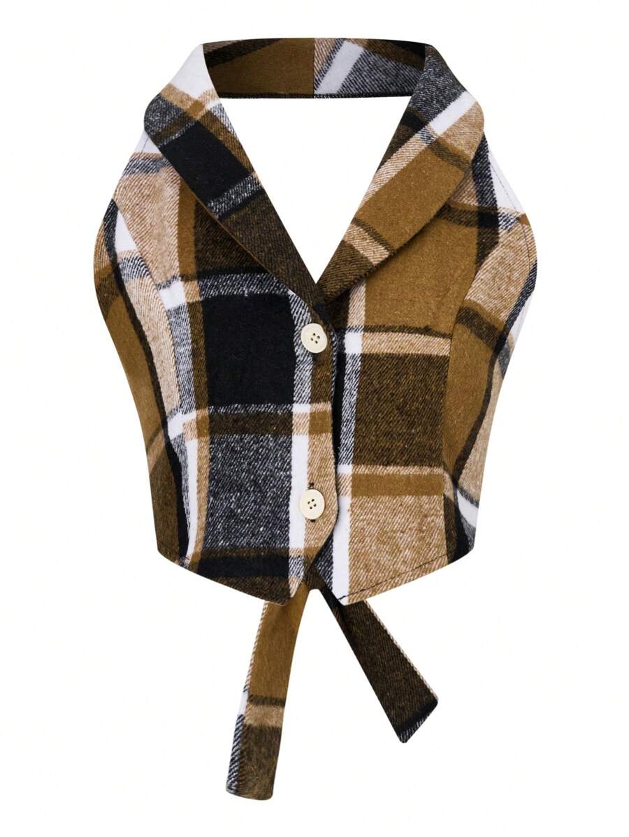 SHEIN Frenchy 格紋印花前紐扣後背繫帶掛脖上衣 - 卡其色 - 查看 1