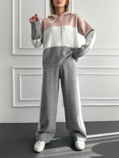 EURMUSE Sudadera con capucha de bloques de color con hombros caídos y cordón + Pantalones de punto