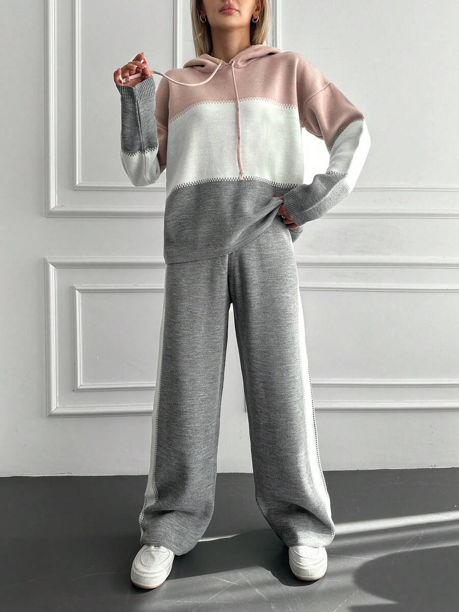 EURMUSE Plus Color Block Drop Shoulder Drawstring Hooded Sweater & Knit Pants - Multicolor - View 1
