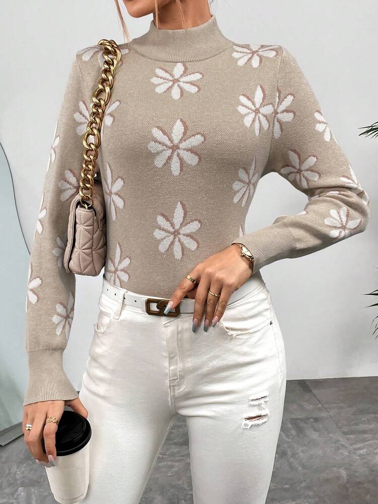 Floral Pattern Mock Neck Knit Pullover Fall Winter Sweater