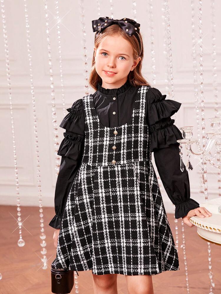 Tween Girl 2Pcs/Set Woven Solid Color Stand Collar Casual Shirt And Woven Plaid Sleeveless Dress